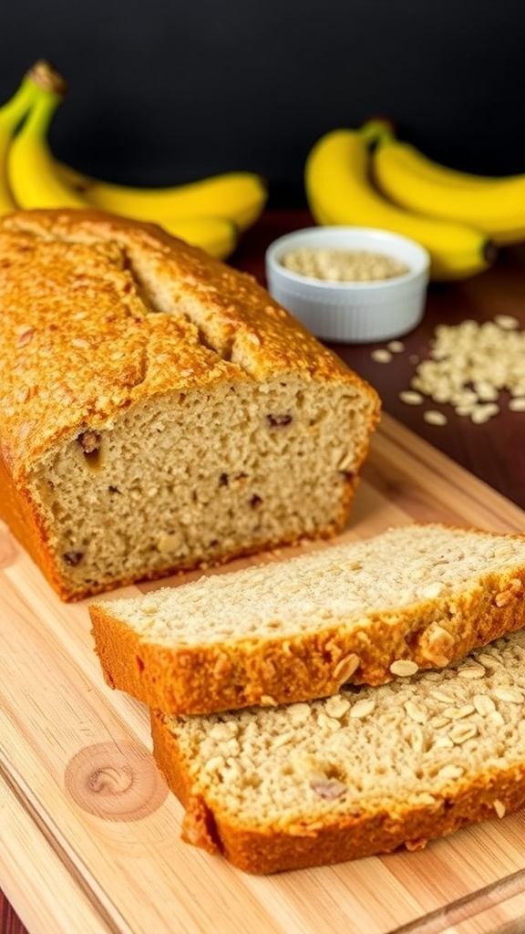 Sliced banana oatmeal bread on a wooden board with bananas and oats in the background.